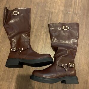 SHEIN Brown Heeled Boots with Buckle Detail